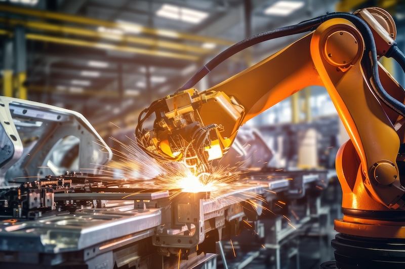 Robot vid svetsning för att visa konjunktur och kostnadsläge i tillverkningssektorn